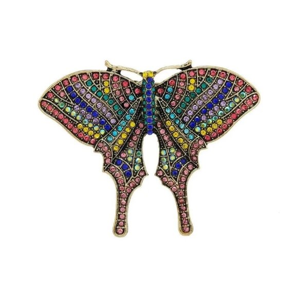 Womens Butterfly Brooch Pin Multicolor Crystal Gold Tone Statement Vintage Style - Picture 4 of 4